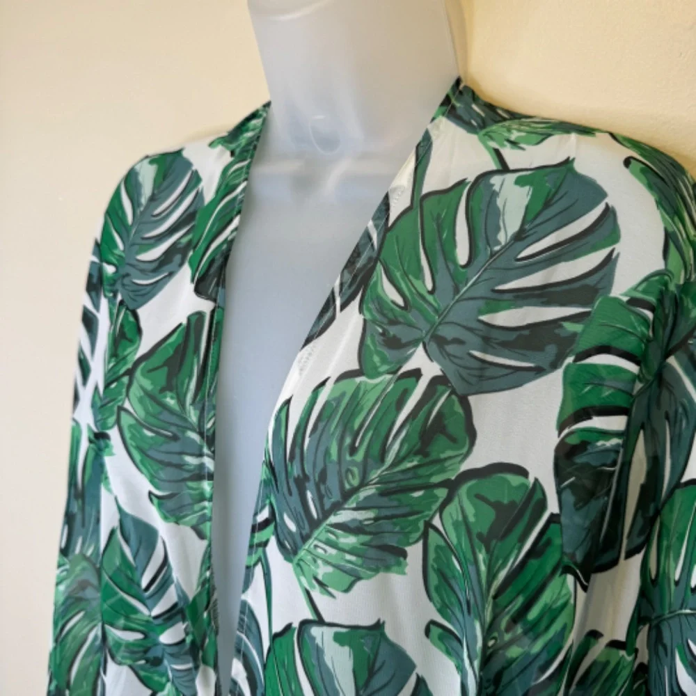Monstera Palm Print Tropical Botanical Pattern Tassel Sheer Open Front Kimono